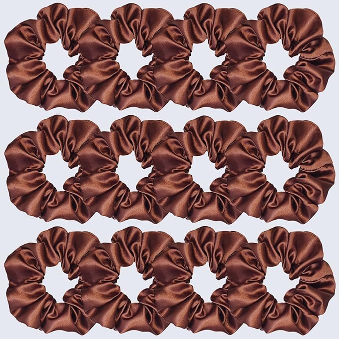 Sufermoe 12 Pcs Satin Silk Hair Scrunchies, Coffee color, 4.5 Inch Soft Hair Ties, Fashion Hair Bands, Hair Accessories for Women and Girls