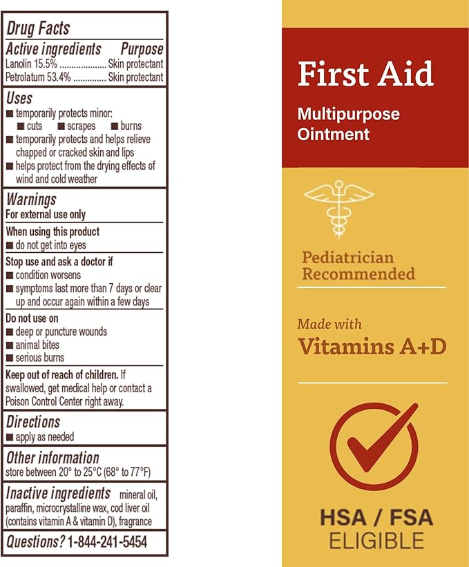 A+D First Aid Healing Ointment - Moisturizing Skin Protectant for Dry Cracked Heels, Elbows, Hands and Lips - Use After Hand Washing, Packaging May Vary, Multicolor – 1.5 oz Tube
