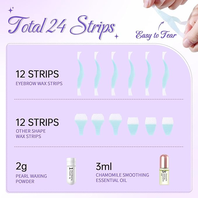 Beauty7 Sensitive High Arched Eyebrow Wax Strips, Eyebrow Waxing Strip 24 Strips with Pearl Powder Essential Oil for Sensitive Skin for Women