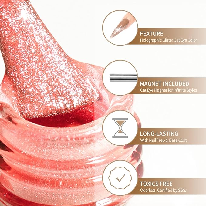 MAYCHAO 15ML Coral Cat Eye Gel Nail Polish 1Pc Carly Coral Peach Orange Gel Polish Soak off Holographic Magnetic Nail Polish for Nail Art Manicure Salon DIY at Home, 0.5 OZ
