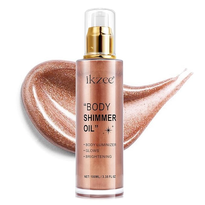 Shimmer Oil 100ml, Moisturizing Long Lasting Body Luminizer Face Brighten, Waterproof Liquid Illuminator Glow, Glitter Oil Highlighter Summer Glowing Makeup (#05 Rose Gold)
