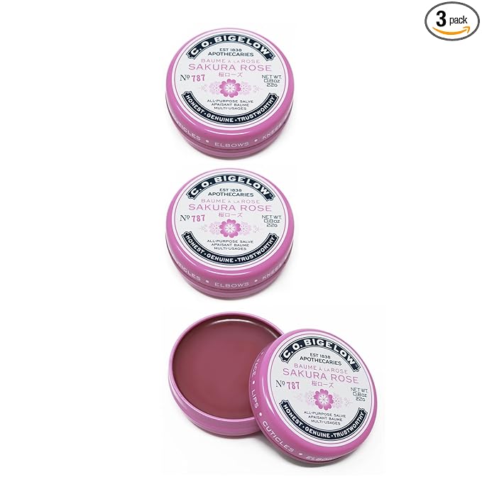 C.O. Bigelow Sakura Rose Salve Tins, Pack of 3 Lip Balm Tins, All Purpose Salve for Lips, Cuticles, Hands & Dry Skin, Lip Balm Set, 0.8 oz
