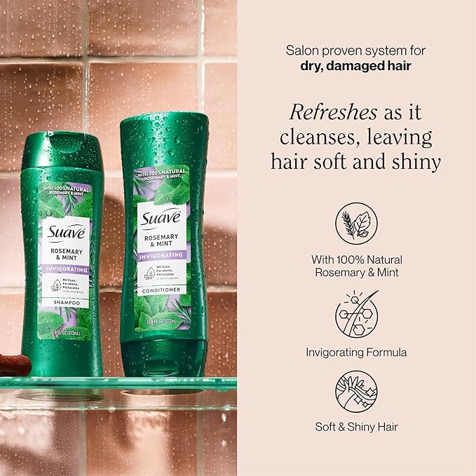 Suave Rosemary & Mint Shampoo and Conditioner, Invigorating – Frizz Control, Soft, Shiny Hair Products for Women & Men, 12.6 Oz Ea