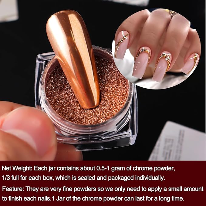 6 Colors Chrome Nail Powder Kit, Rose Gold Bronze Black Chrome Powder for Nails, Magic Mirror Effect Pigment Metallic Rubbing Dust Fine Glitter Powders for Gel Polish Nail Art Decoration