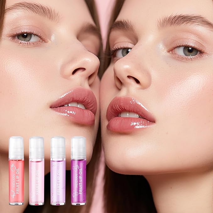 ADMD 4-Pack Lip Gloss Set Fruit Flavored Rollerball Lip Oil Set - Hydrating, Nourishing & Plumping - Strawberry, Peach, Grape, Cherry