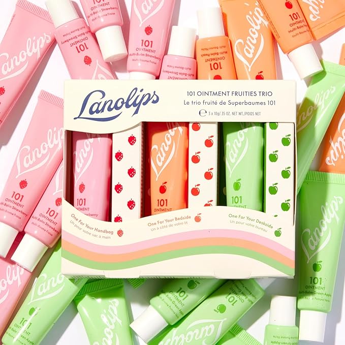 Lanolips 101 Ointment Fruities Trio - Fruity Lip Balm Gift Set & Stocking Stuffer - Strawberry, Peach & Green Apple Flavored Lip Moisturizer for Dry Lips - Dermatologist Tested (10g / 0.35oz each)