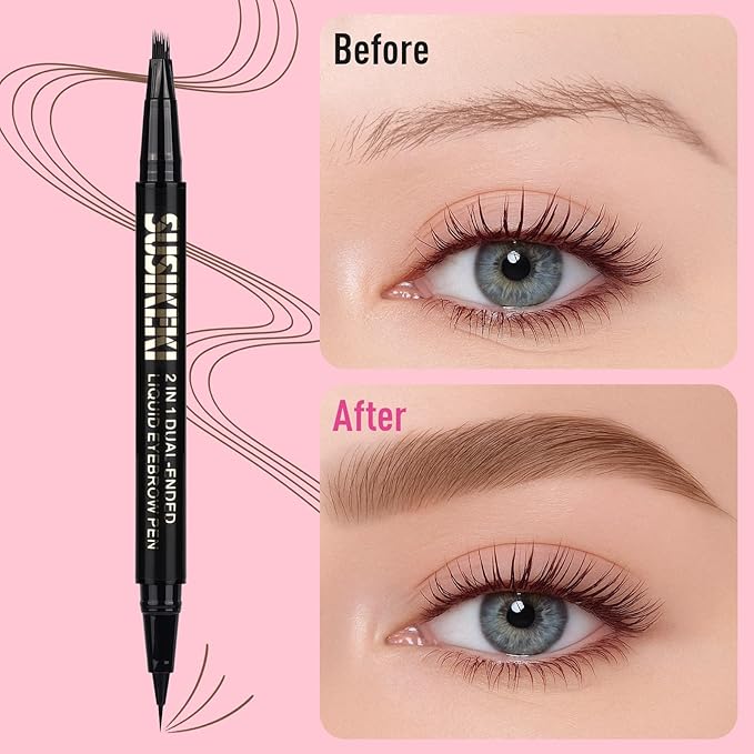 SUSIKEKI Dual Ended Microblading Eyebrow Pen - 2 in 1 Liquid Eyebrow Pencil with Brow-Fection Angled Brush & Precise Detail Brush-Tip, Shapes & Fills Hair-Like Looking Brows, Lasts All-Day, Dark Brown