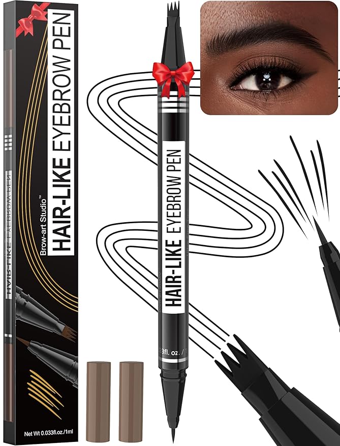 Microblading Eyebrow Pen - Eyebrow Pencil Magical 2-in-1 Dual-Ended Waterproof Eye Brow Pencils for Women with 4-Fork-Tip & Precise Brush-Tip for Natural Hair Like Strokes, Last All-Day, Black