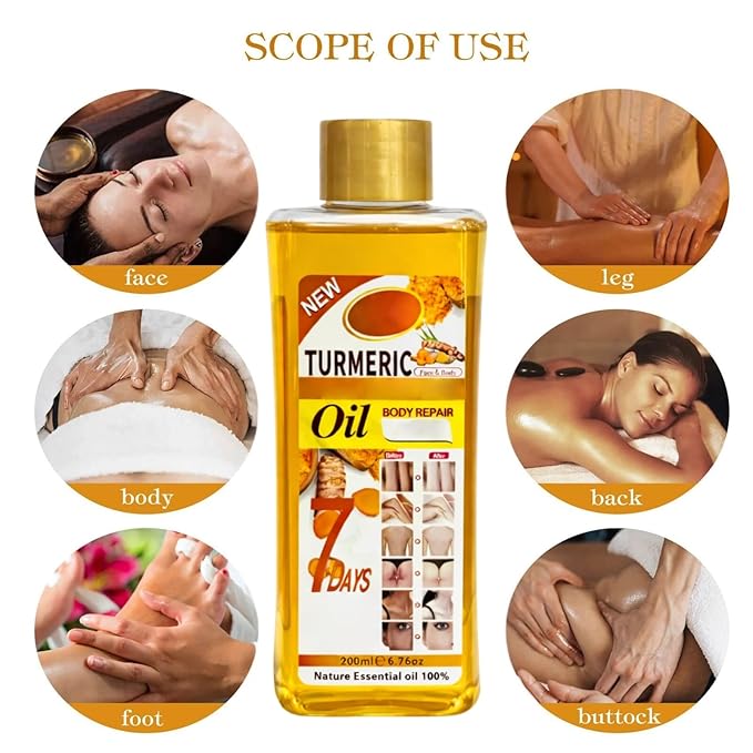 Turmeric Oil for Massage and Skin Moisturizing, Botanical Hydrating Body Oil for Dry Skin, Lightweight Spa Body Care Oil with Turmeric Extract, 200ml / 6.76 fl oz