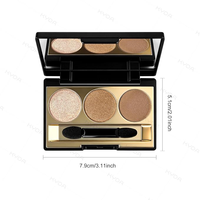 KYDA 3 Colors Eyeshadow Plaette, Shimmer Brown Eyeshadow, Pearl Champagne Bronzer Eyes Shadow, Lasting High Pigment Neutral Earth Tone Eye Shadow, Mini Eyes Glitter Makeup Pallet for All Skin
