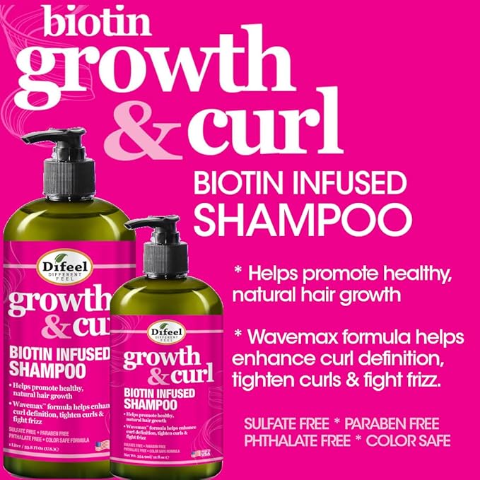 Difeel Growth and Curl Biotin Shampoo 33.8 oz. - Curly Hair Shampoo for Hair Growth, Natural Curl Shampoo