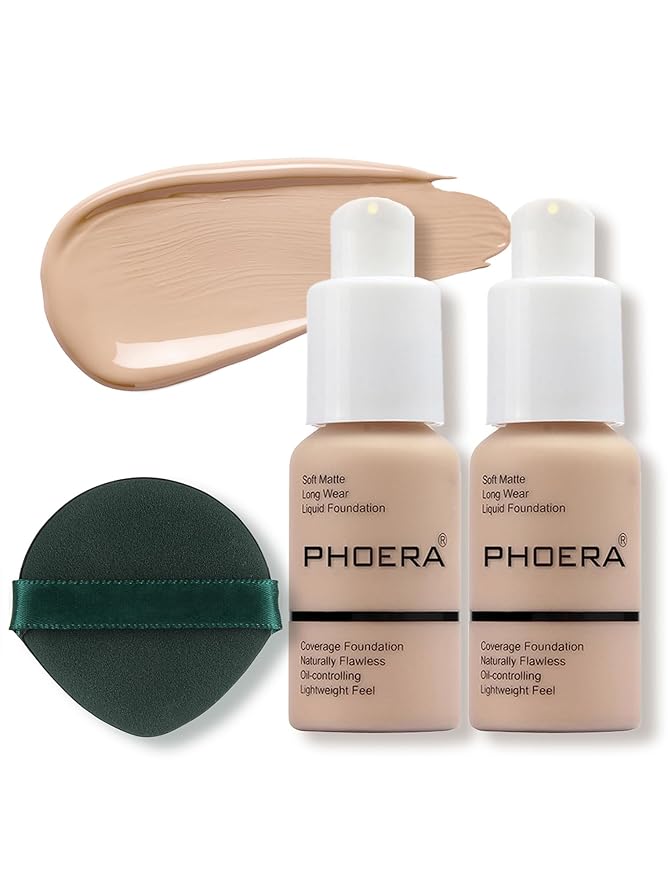 PHOERA Foundation Makeup, Flawless Soft Matte Oil Control Liquid Foundation, Full Coverage Mattle Oil-Control Concealer for Older Women, Great Choice For Gift (#102 Nude(2pcs)）