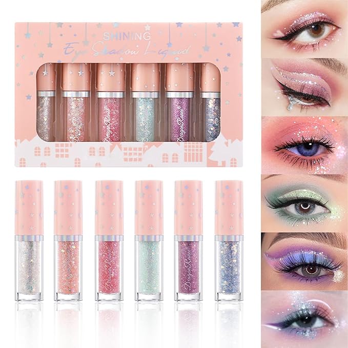 6Pcs Liquid Glitter Eyeshadow Eyeliner, Korean Makeup Glitter Shinning Eye Liner Long Lasting Quick Drying Pigmented Loose Bling Under Eye Shadow Mother's Day Makeup Gifts for Women