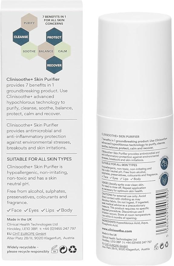 Clinisoothe+ Skin Purifier – Daily Cleanser and Acne Treatment for Face & Body, with Hypochlorous Technology to Prevent Breakouts & Promote Rapid Recovery, For All Skin Types (3.4oz Spray Bottle)