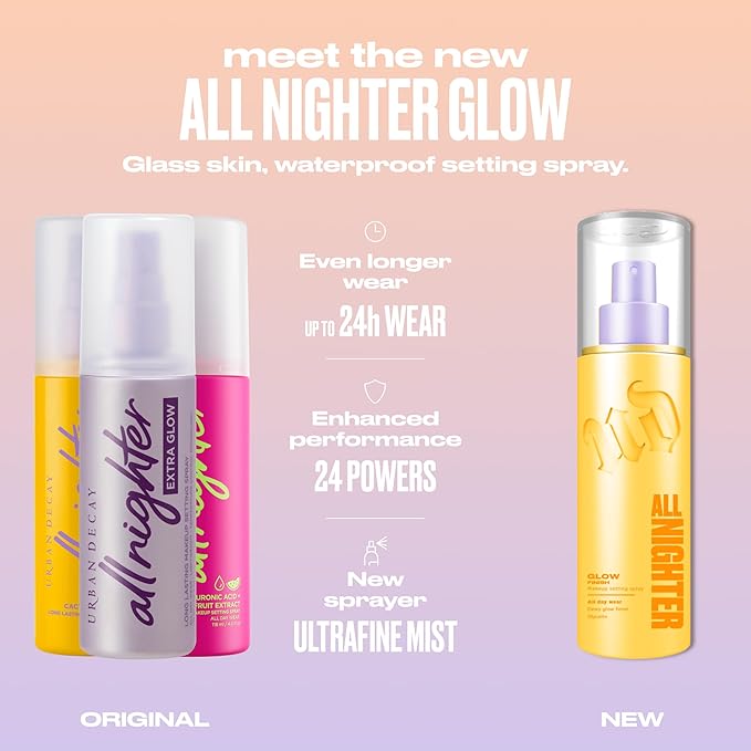 Urban Decay All Nighter Waterproof Makeup Setting Spray - Glass-Skin Glow Finish, Up to 24HR Wear, Dewy Facial Mist, Glow Foundation Face Primer, Smudge-Proof, Transfer-Resistant - 4 fl oz (Pack of 2)