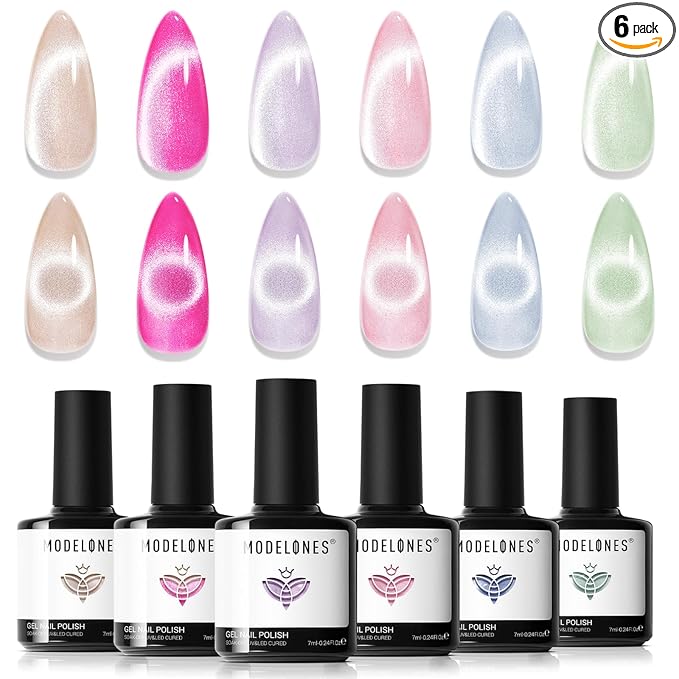 Modelones Cat Eye Gel Nail Polish, 6 Colors Glitter Summer Pink Blue Green Blue Gel Polish Set with Magnet Sparkle Translucent Nail Polish Kit Soak Off Led Nail Art Manicure Salon DIY Gifts