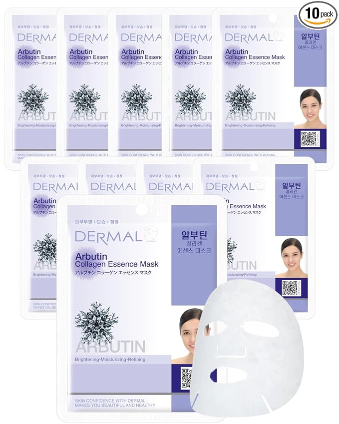 DERMAL Arbutin Collagen Essence Facial Mask Sheet 23g Pack of 10 - Anti Aging for Troubled Skin, Daily Skin Treatment Solution Sheet Mask