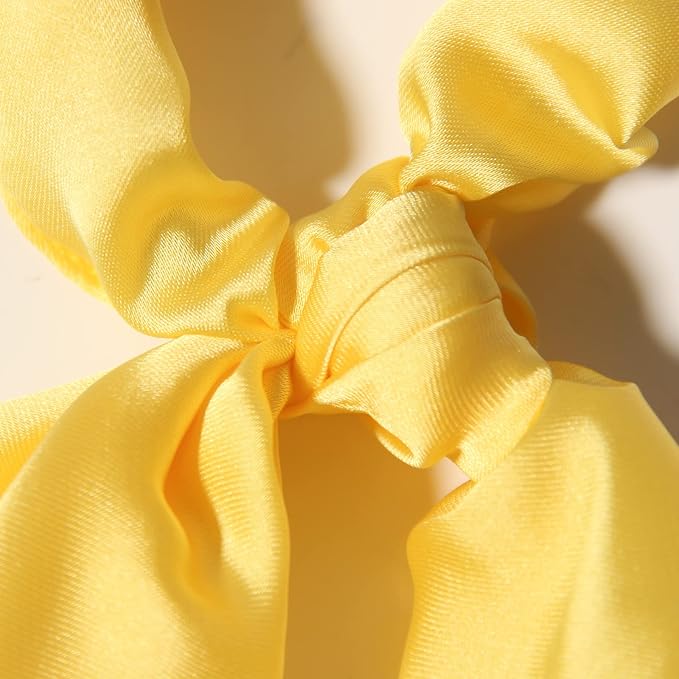 Pack of 2 Knotted Bow Hair Scrunchies Elastic Hair Scarf Hair Ties Bands Satin Hair Ribbon Scrunchy Ponytail Holder for Women and Girls, Hair Scarf Scrunchies,Hair Accessories(Yellow)