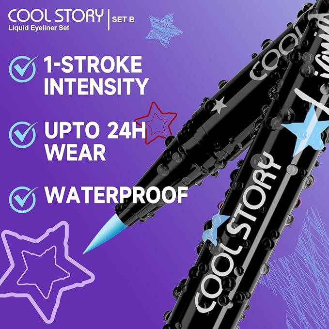 COOL STORY Liquid Eyeliner Waterproof Smudge Proof Colorful Eye Liner 24H Long-Lasting Makeup (SET-B)