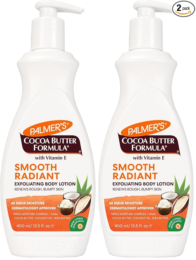 Palmer's Cocoa Butter Formula Retexture & Renew Exfoliating Body Lotion for Rough & Bumpy Skin, Triple Action Moisturizers + AHAs, Pump Bottle, 13.5 Ounce (Pack of 2)