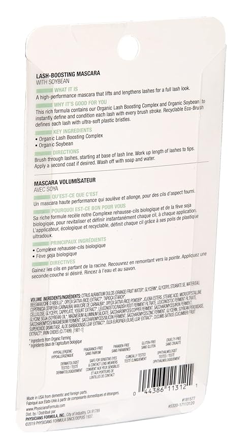 Physicians Formula Organic Wear Lash-Boosting All Natural Mascara, Lifts, Lengthens, For Sensitive Eyes, Dermatologist Tested - Black