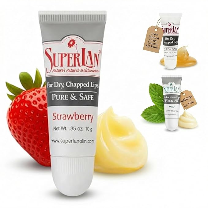 Organic Lanolin Lip Balm - Lip Repair for Hot/Dry Weather - Natural Nipple Cream Lanolin - Moisturizer for cracked lips - Hydrating lip care - Pure jojoba oil - Kosher Strawberry chapstick (0.35 Oz)