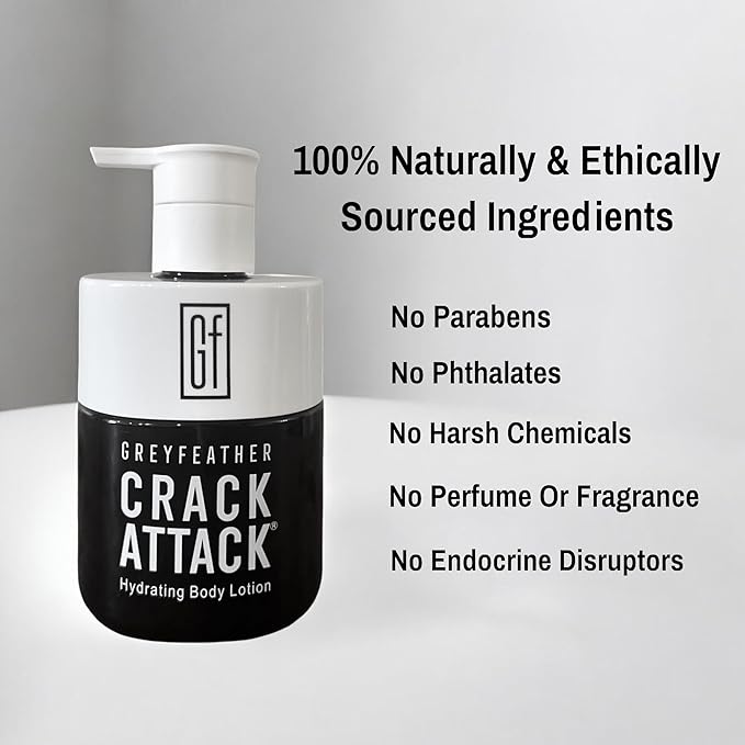 Greyfeather Crack Attack Hydrating Body Lotion for Dry Cracked Skin – Fast Absorbing, Mint Scented, Non-Greasy Moisturizer with Aloe, Shea Butter – Heals Hands, Feet, Elbows, Full Body Repair