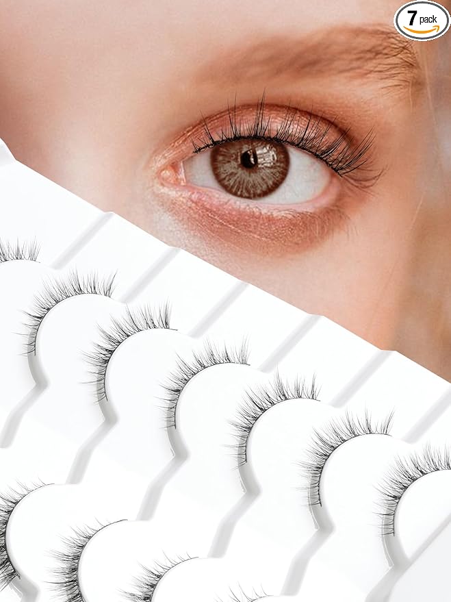 Natural Lashes Wispy Eyelashes Natural Look Short Lashes Pack 12mm Eyelashes C Curl False Lashes Thinner Band 3D Volume Fake Eyelashes 7 Pair Siligli