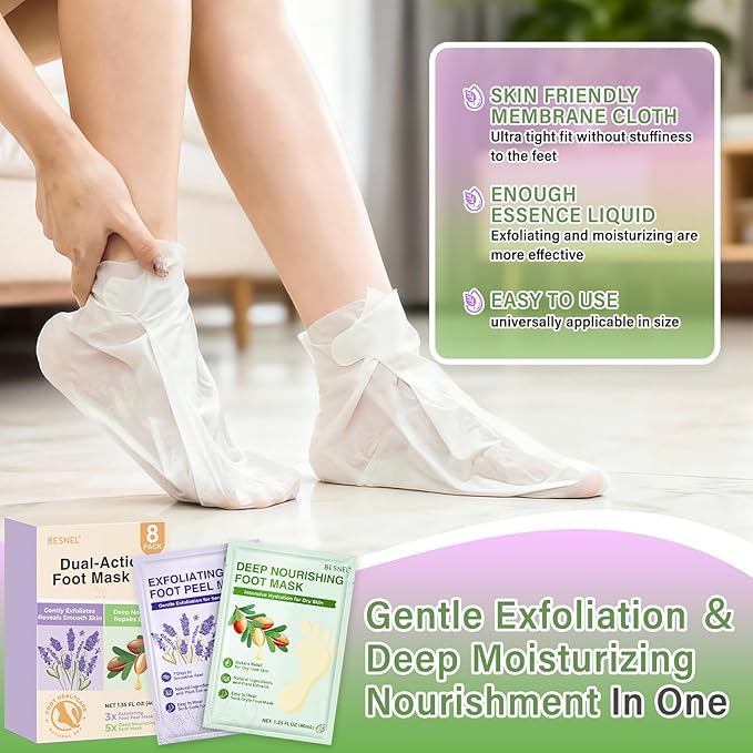 BESNEL 5Pack Moisturizing＆3Pack Foot Peeling Foot Mask, Teacher Appreciation Gifts, Hydrating Foot Masks Dry Cracked Feet, Soothing Moisturizer Socks Repair Rough Heels＆Baby Soft Feet(8P)