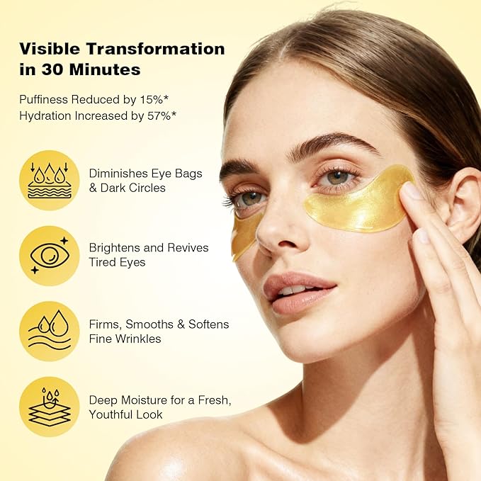 Juland Under Eye Patches 60PCS, 24K Gold Collagen Eye Mask for Puffy Eyes, Hydrating Eye Pads with Hyaluronic Acid, Vitamin C & Castor Oil, Anti-Aging Under Eye Treatment to Smooth Fine Lines, 2Pack