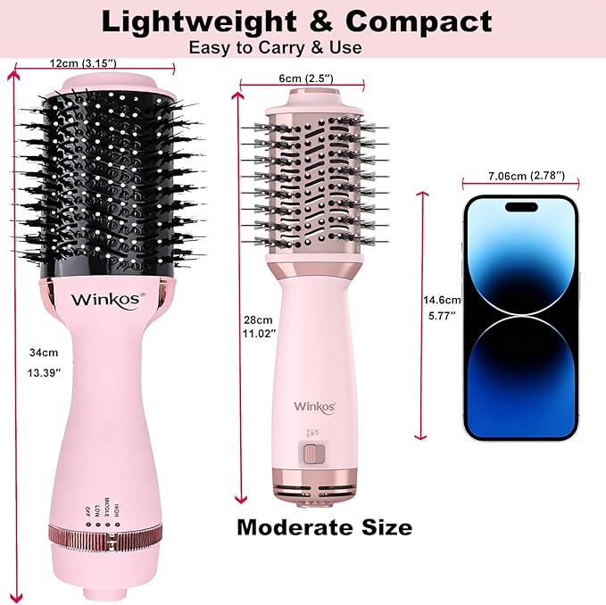 Travel Dual Voltage Hot Air Brush | 4 in 1 MIni Hair Dryer Brushes | 2 Inch Blow Dryer Brush with Storage Bag Global Adapter | One Step Volumizer Small Hair Dryer and Styler for All Hair Types