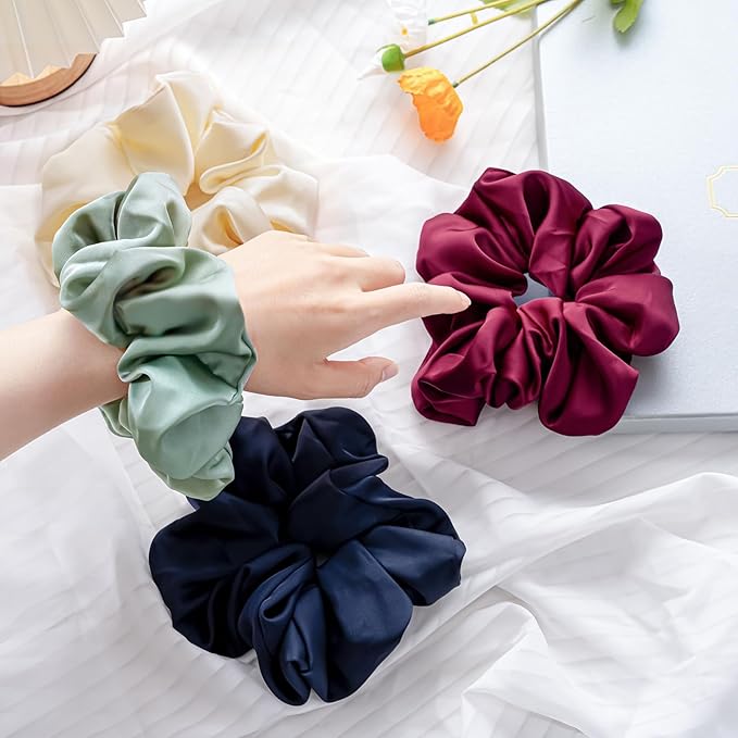 Lolalet Big Satin Scrunchies for Women, 5.9 Inch Large Oversized Scrunchie, Soft Jumbo/Giant Scrunchies Hair Ties for Thick & Curly Hair -4 Pack, Cream/Green/Navy Blue/Red