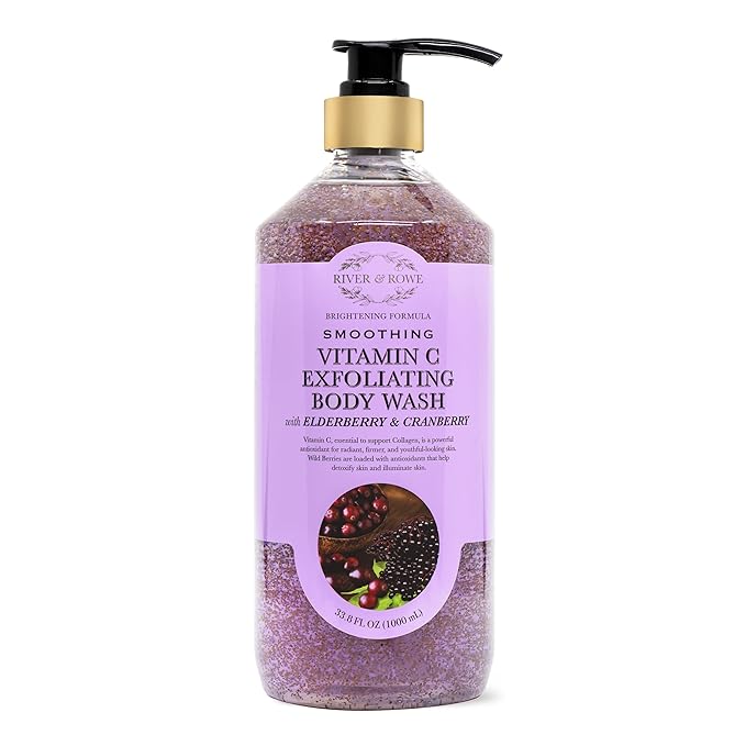RIVER & ROWE Vitamin C Exfoliating Body Wash – Smoothing Daily Cleanser with Elderberry & Cranberry Antioxidant Support For a Radiant Skin Experience, Gentle Shower Gel for Women & Men, 33.8 Fl Oz