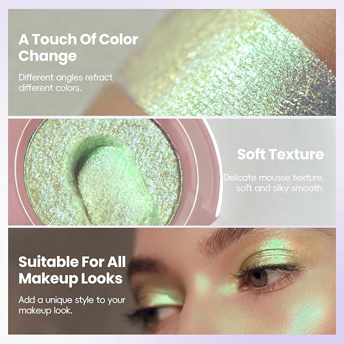 HOSAILY Holographic Light Green Glitter Eyeshadow, Multichrome Shimmer Color Shifting Single Eyeshadow, Chameleon Metallic Iridescent Eye Shadow Palette Bouncy Texture Fairy Highlighter Makeup #5