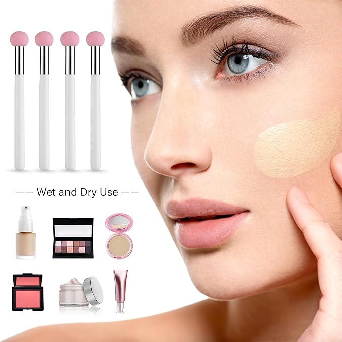 Sibba 4-Piece Foundation Brush Set Pink & White Handle Makeup Brushes for Powder, Blush, Contour & Concealer - Includes Sponge, Angled Blending Brushes for Professional Beauty Techniques