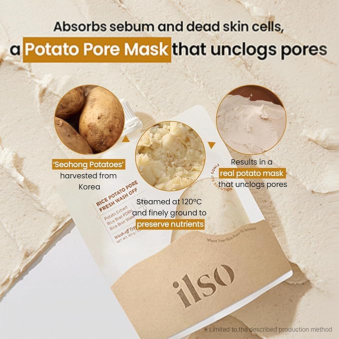 ilso Rice Potato Pore Fresh Wash-Off Face Mask, 5.29 oz, with Rice Bran Water and Potato Extract, Korean skincare, blackheads, sebum