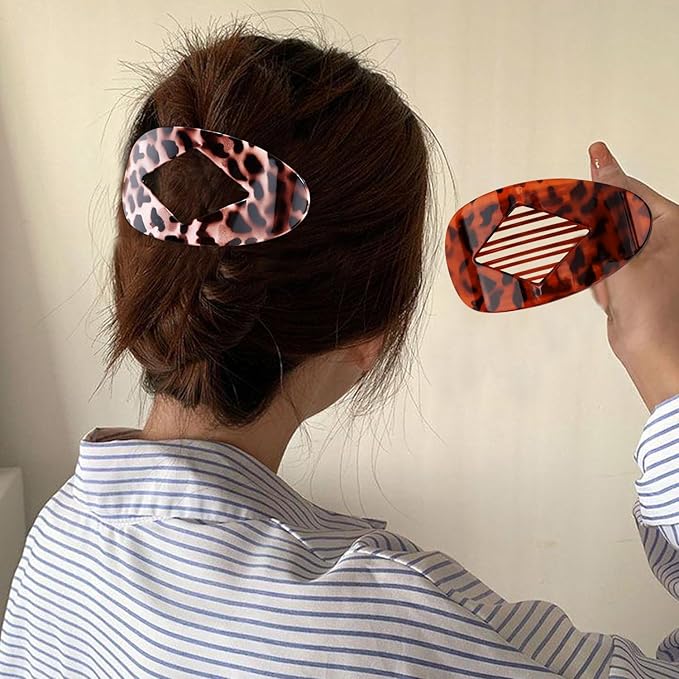 Atoden Large Flat Round Hair Clips Oval Claw Clips for Thick Medium Thin Hair 6Pcs Non Slip Strong Hold Barrettes Duckbill Accessories for Women Girls Leopard Tortoise Shell Color
