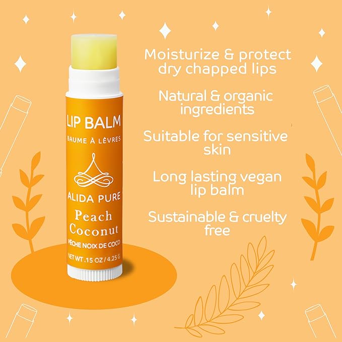 Peach Coconut Lip Balm Collection, Vegan Set, Beeswax Free, with Organic Jojoba and Avocado Oil, Vitamin E, Natural Moisturizer for Dry, Chapped Lips, 3 Tube Set