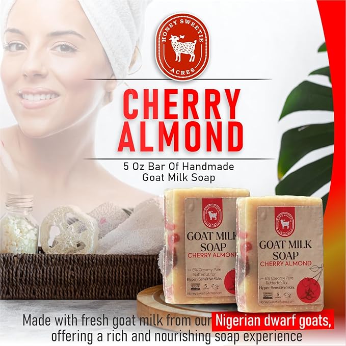 Honey Sweetie Acres 2-Pack of Cherry Almond Goat Milk Soap - Handmade 5 oz Bar, Made with Natural Ingredients, Moisturizing & Gentle, Made in the USA