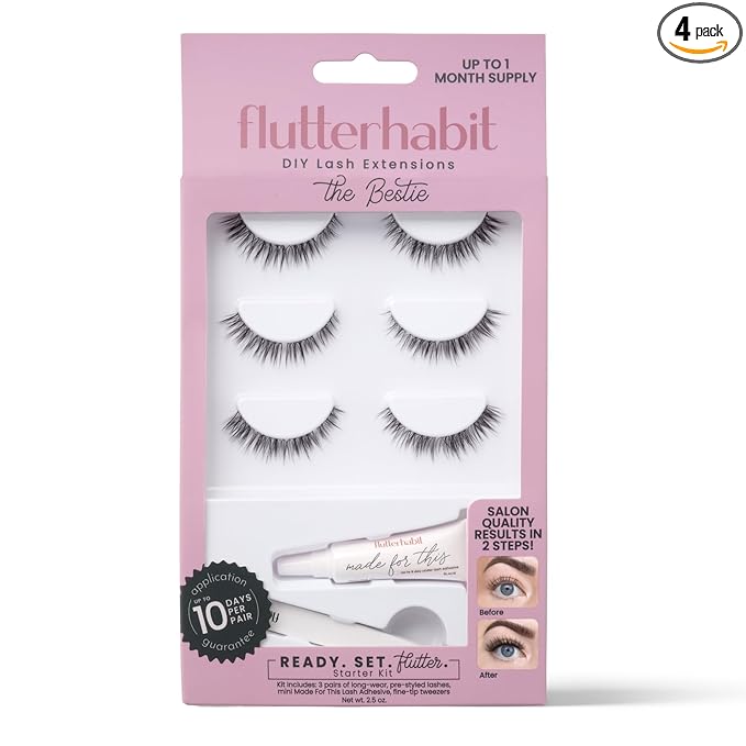 FlutterHabit Bestie Ready Set Starter Kit, DIY Eyelash Extensions, Lash Clusters for Women, Professional Quality At Home Eyelash Extension Kit, Natural False Lashes, 3 Lash Sets, Lash Glue Included