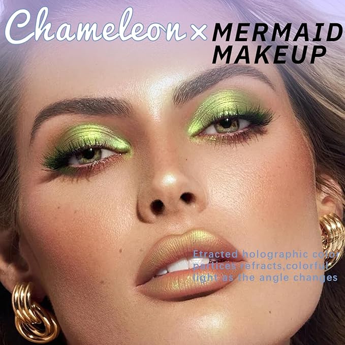 Noerrors Green Gold Holographic Duochrome Glitter Eyeshadow, Multichrome Rich Color Shimmer Metallic Eyeshadow for Blue Green Eyes, Satin Shiny Iridescent Mermaid Eye Makeup Palette Rave Accessories