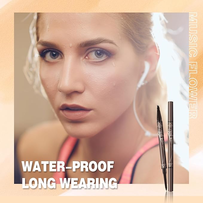 Music Flower Dual-Ended Microfilling Eyebrow Pen, Liquid Eyebrow Pen with 4 Micro Brush-Tip Applicators & Brow Defining Pencil with Precision Tip (Chestnut)