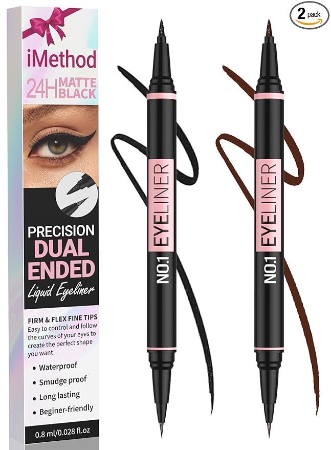 iMethod Liquid Eyeliner - Waterproof Eyeliner 2-in-1 Dual-Ended Eye Liner with Precise Brush-Tip and Thick Tip, Black Liquid Liner Pen, Matte Finish, Long Lasting, Smudge-proof, Black and Brown Each
