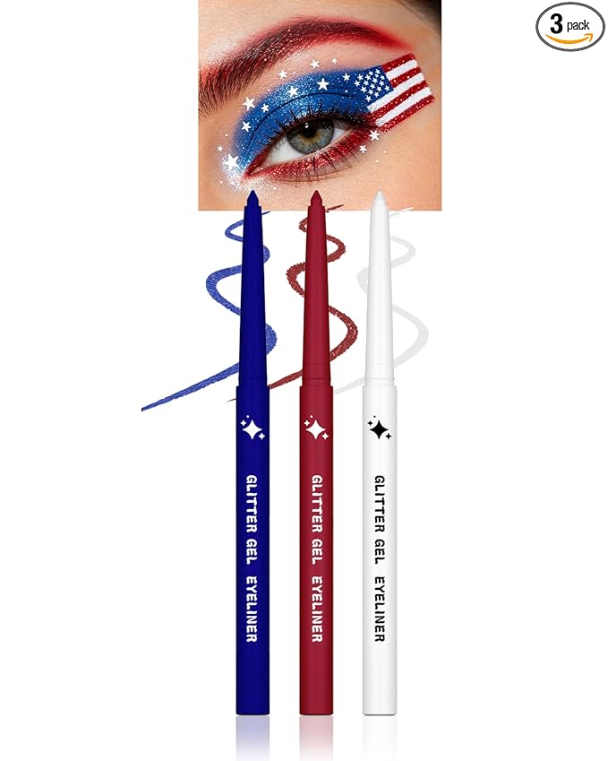 3 PCS Glitter White Red Blue Eyeliner Pencil Set, 4th of July Gel Eyeliner Pencil kit, Waterproof & Smudge-proof Waterline Eye Liner Pen Beauty Makeup for Women, Girls, Daily, Party, Independence Day