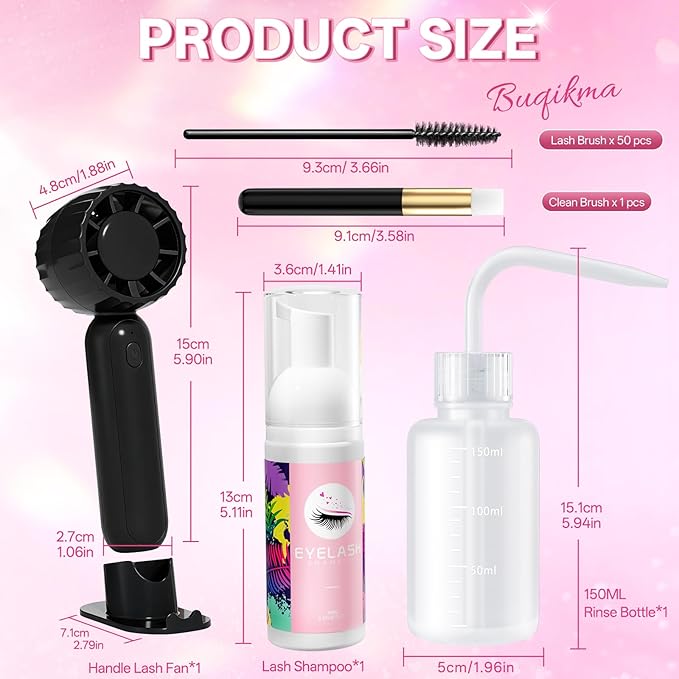 Buqikma Lash Cleaning Kit - Lash Shampoo 60ML with Rechargeable Handheld Fan Dryer, Mascara Brush, Rinse Bottle, Makeup Cleansing Foam for Eyelash Extension Care, Black