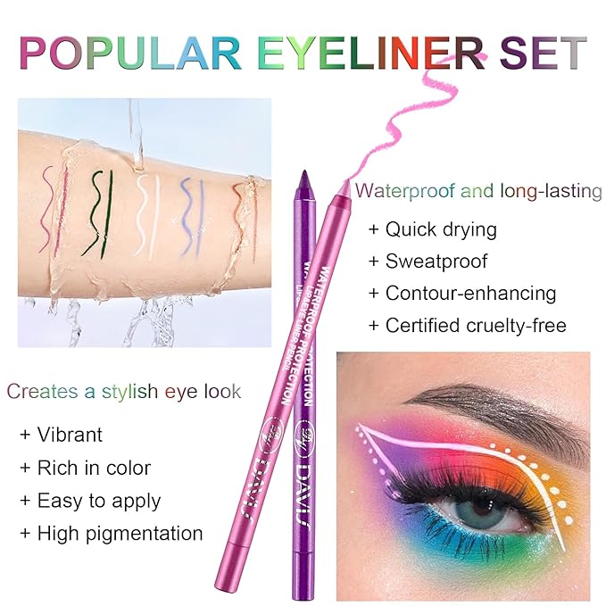 LemonSac 7 Colorful Eyeliner Pen Set, Eye Shadow Pencil, Pearl Eyeliner Kit Metallic Glitter Eye liner Pencil for Women Eye&Lip Liner Professional Eye Makeup Set Colorful Eye Color (7PCS C)