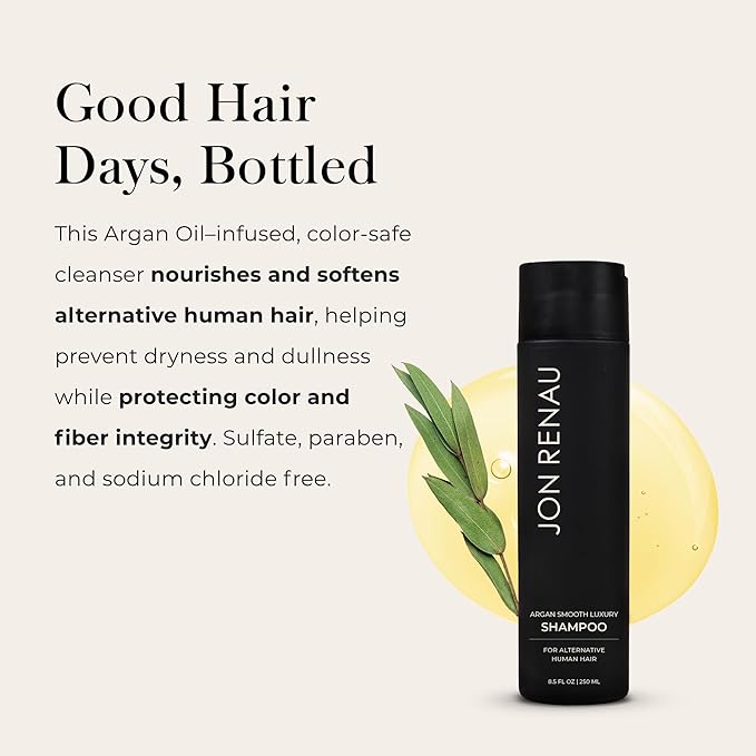 Jon Renau Argan Smooth Luxury Wig Shampoo, Gentle Hydrating Cleanser with Argan Oil, Color Safe Formula for Human Hair Wigs and Toppers, Moisture Rich and Sulfate Free, Wig Care Products