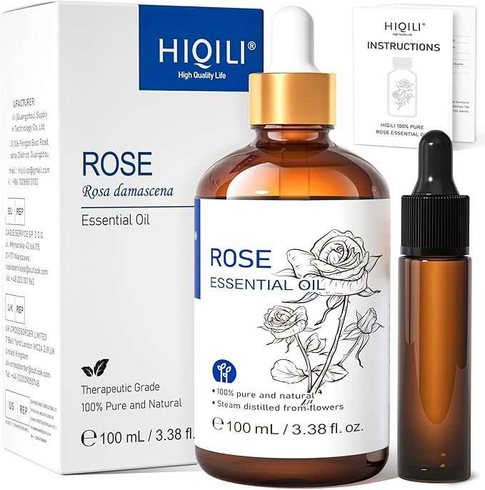 HIQILI 100ML Rose Essential Oil for Skin, Diffuser & Candle, 100% Pure and Natural - 3.38 Fl Oz