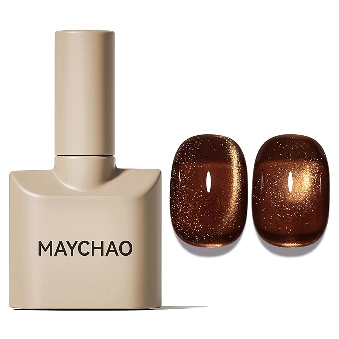MAYCHAO 15ML Fall Brown Cat Eye Gel Nail Polish 1Pc Gilded Cocoa Cat Eye Gel Polish Soak off Holographic Magnetic Nail Polish for Nail Art Manicure Salon DIY at Home, 0.5 OZ