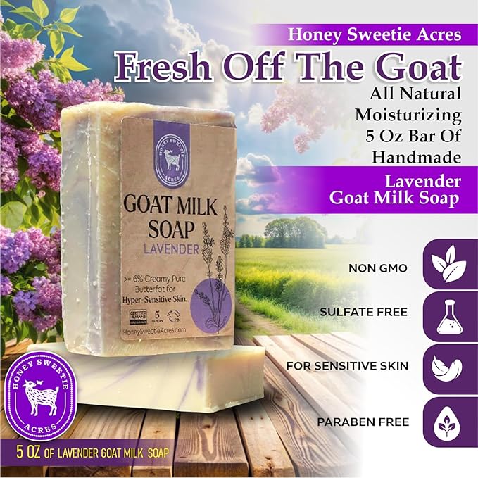 Honey Sweetie Acres 2-Pack Lavender Goat Milk Soap - Handmade 5 oz Bar, Made with Natural Ingredients, Moisturizing & Gentle, Made in the USA